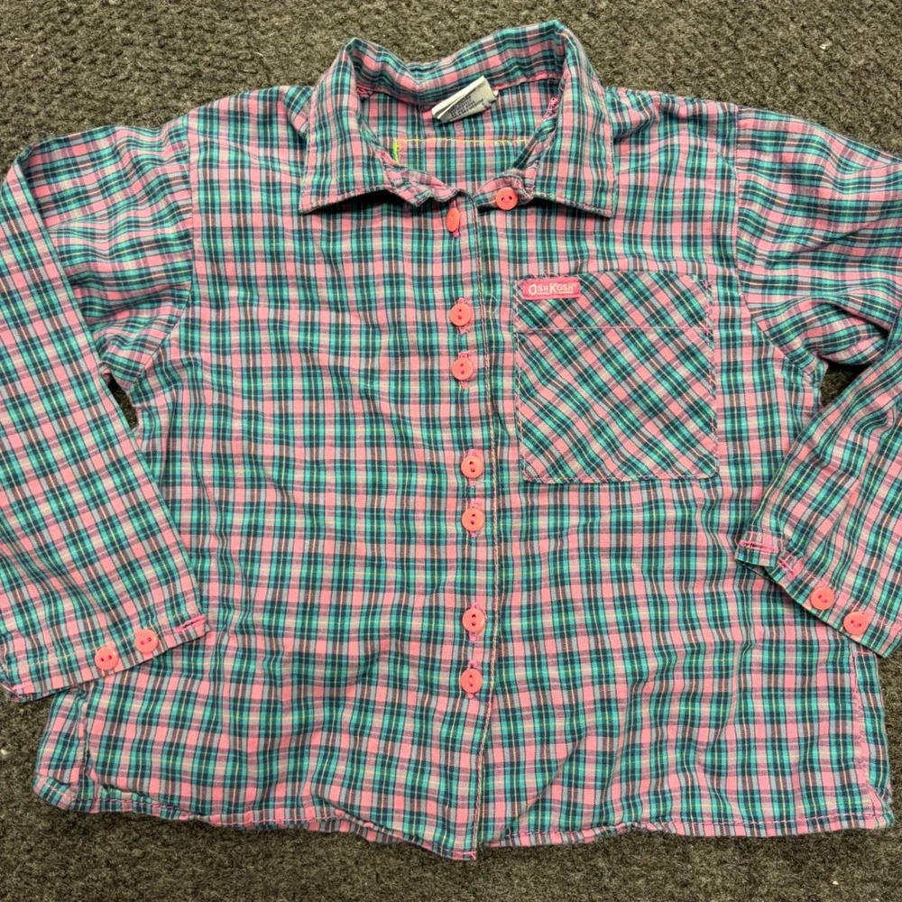 Vintage OshKosh Bgosh Girls Pink Teal Plaid Button Down Shirt Made in USA Size 5